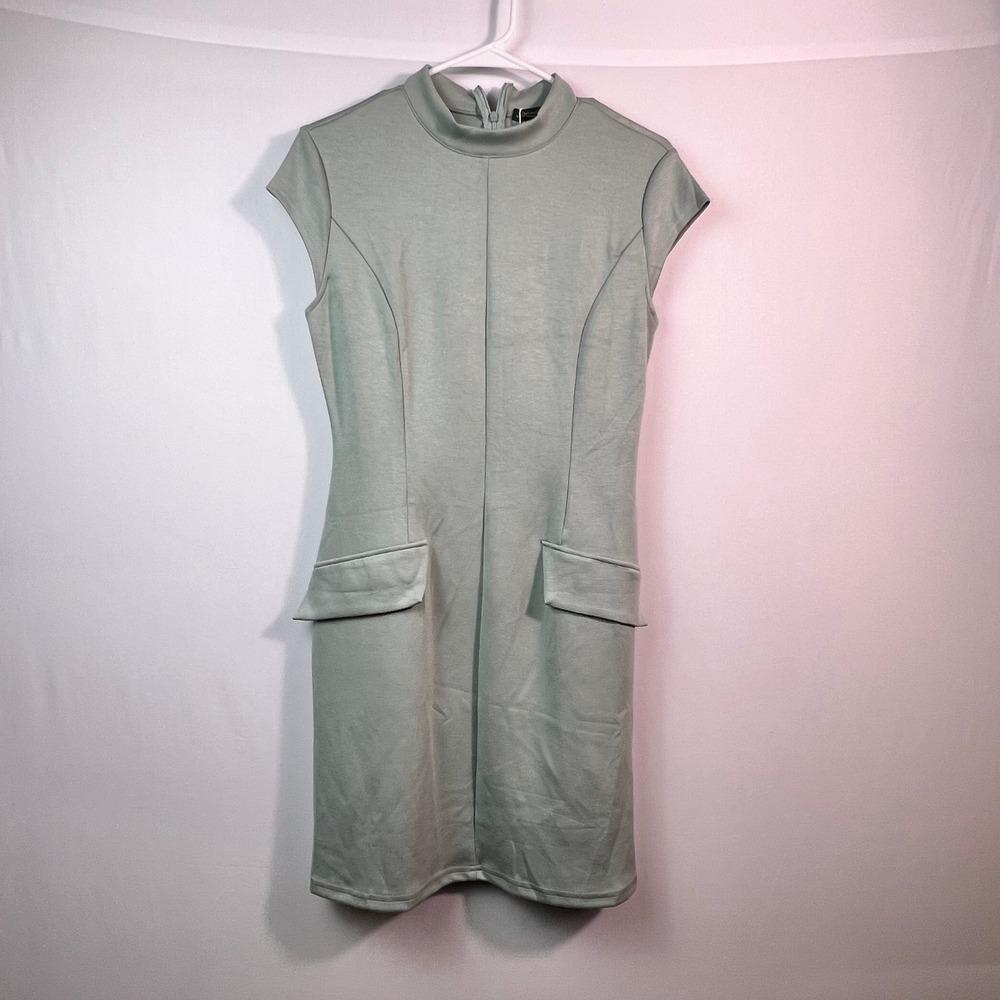 OFEEFAN Mock Neck Dress Medium Sage Green Knit Sheath Cap Sleeve New